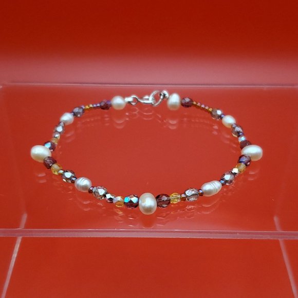 7 Inch 925 Sterling Silver Genuine Pearls And Crystals Bracelet - Picture 1 of 6
